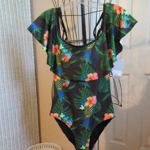 NWT Green Black One Piece Floral Bathing Suit M